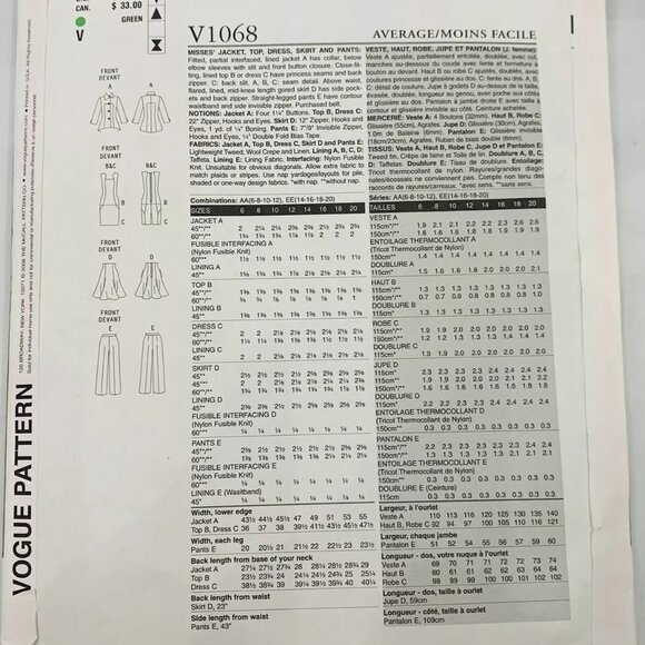 Sewing Pattern Vogue V1068 Wardrobe Jacket Top Skirt Pants Suit 4 Option 6-12 - Picture 2 of 6